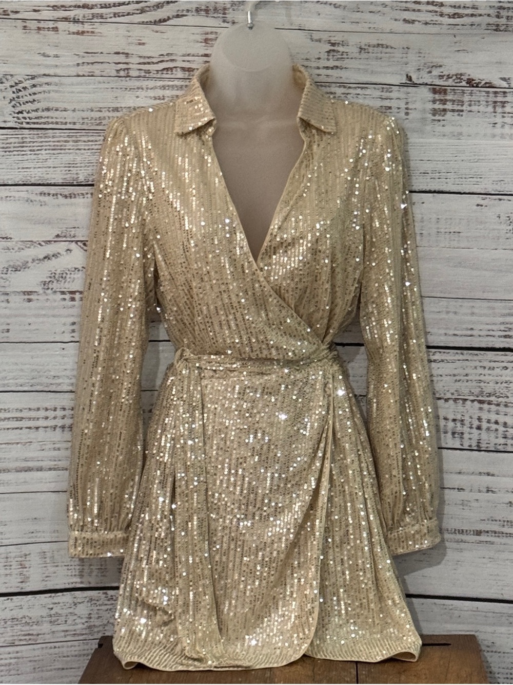Gold Sequin Wrap Mini Dress with Collar